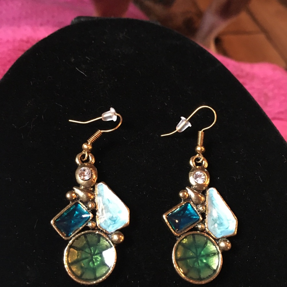 New with Out Tags Artesian made Blue Green Abstract Earrings - Picture 2 of 4